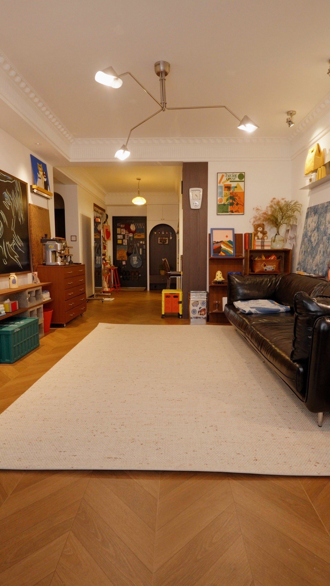 Dark Brown Herringbone Tiles in a Mid-Century Home — A Longer View Through the Room
