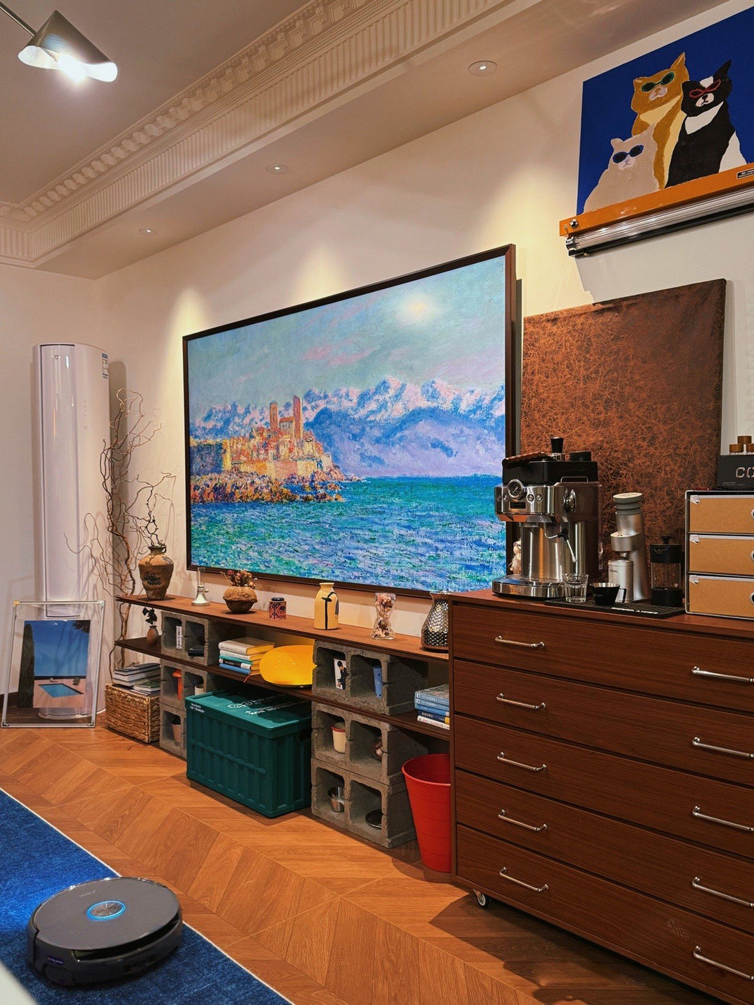 Dark Brown Herringbone Tiles in a Mid-Century Home — Television Wall Detail