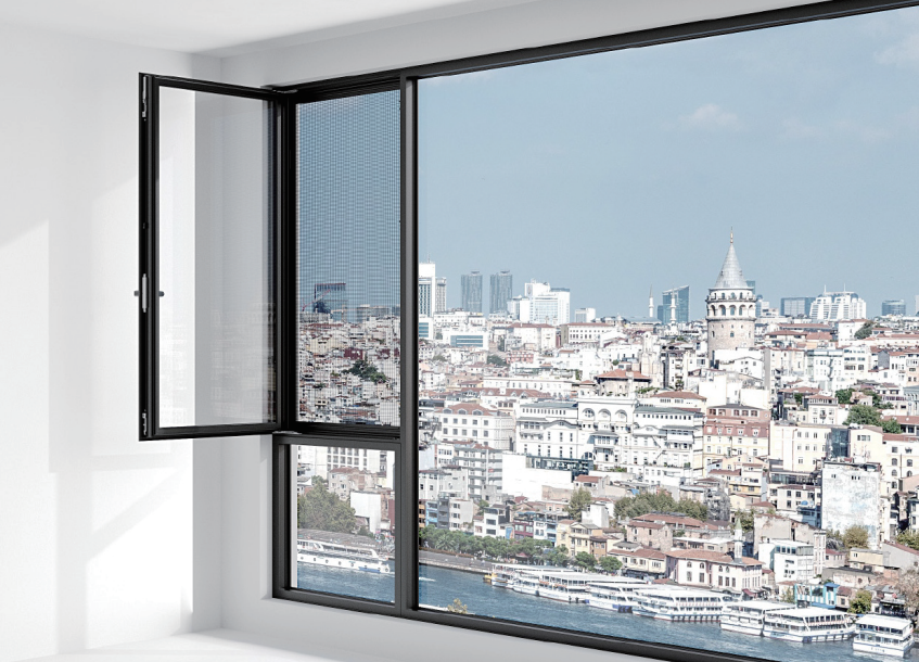 Slim Frame Inward-Opening Window with Integrated Screen